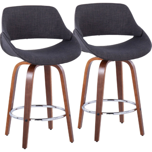 Fabrico 26" Counter Stool in Walnut Wood & Charcoal Fabric with Chrome Footrest (Set of 2)